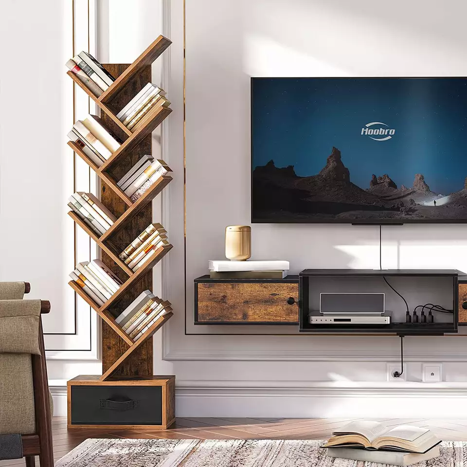 narrow bookshelf modern wooden with drawer