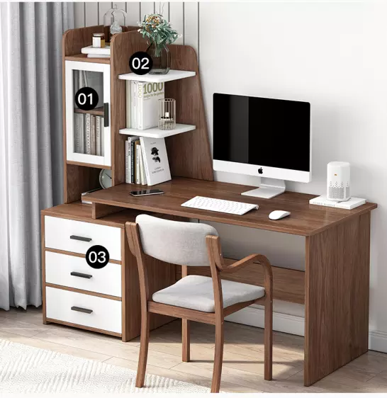 modern home office computer study desk, glass display cabient with three drawer file cabinet