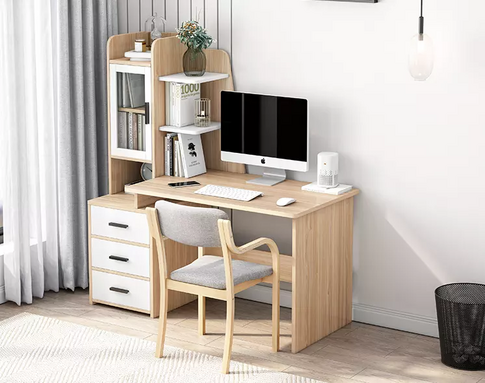 modern home office computer study desk, glass display cabient with three drawer file cabinet