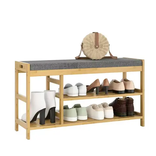 modern bamboo storage display shoes shelf with seat double layer shoes rack storage