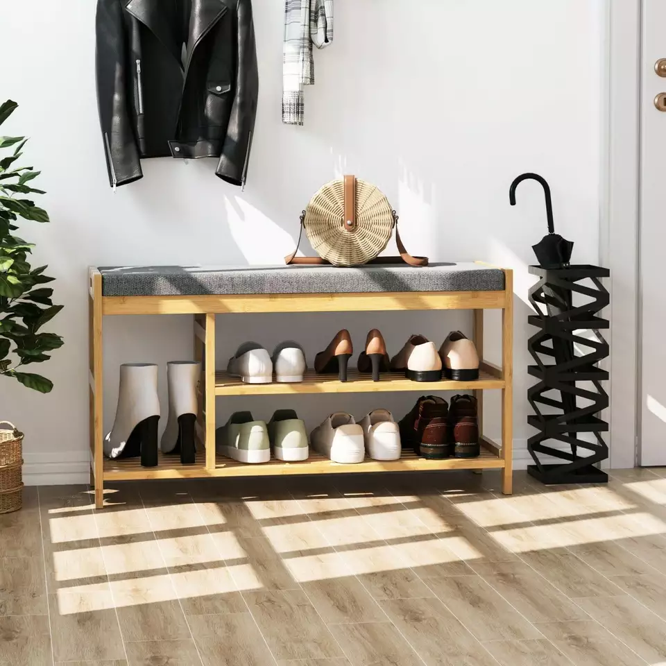modern bamboo storage display shoes shelf with seat double layer shoes rack storage