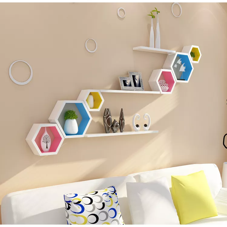 wooden hexagon 3pc nordic home decoration wall mouting mini double layer float shelf