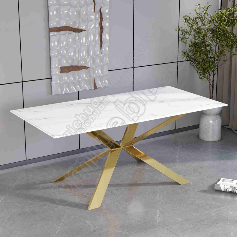 golden marble top stainless steel leg dining table