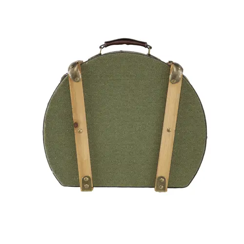 ITEM#:RC130256-15.5x13x6.5'' Semi Round Hatbox -SIZE:39.9 * 33 * 16.5CM-MATERIAL:65% MDF,20% Canvas,5% PU,5% No Woven Fabric,5% Metal Accessories-PACKING:1/4/0.11027CBM