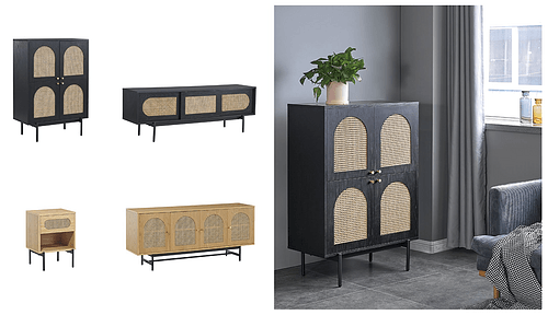 sidetable bedside cabinet tall cabinet rattan black wood veneer finish melamine  glass