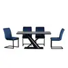 Blue Industrial Dining Chairs and Grey Marble Dining Table--