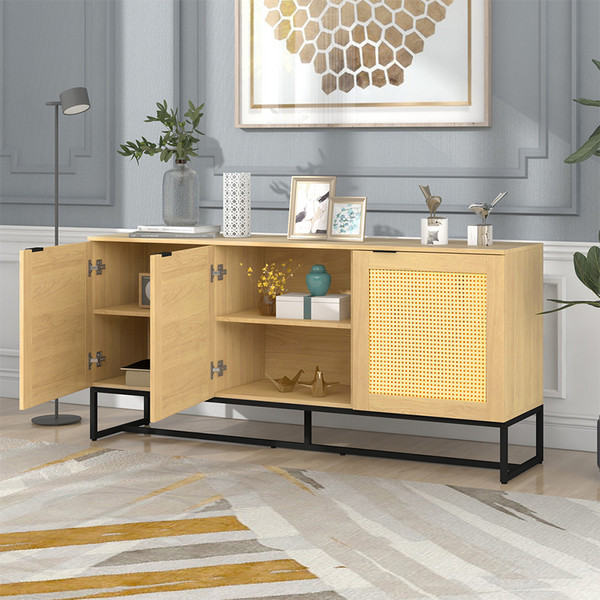 New Design 3 Doors Home Wood Furniture Rattan Sideboard Console Storage Cabinet