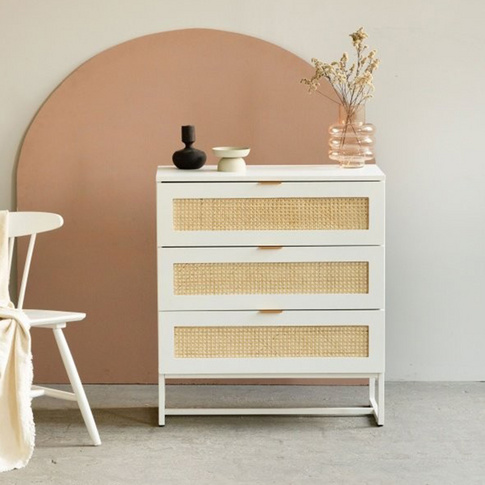 Bedroom Room Accent Particle Board Rattan Cabinet 3 Drawers Chest Pastoral Vintage White Paint Storage Decor Sideboard