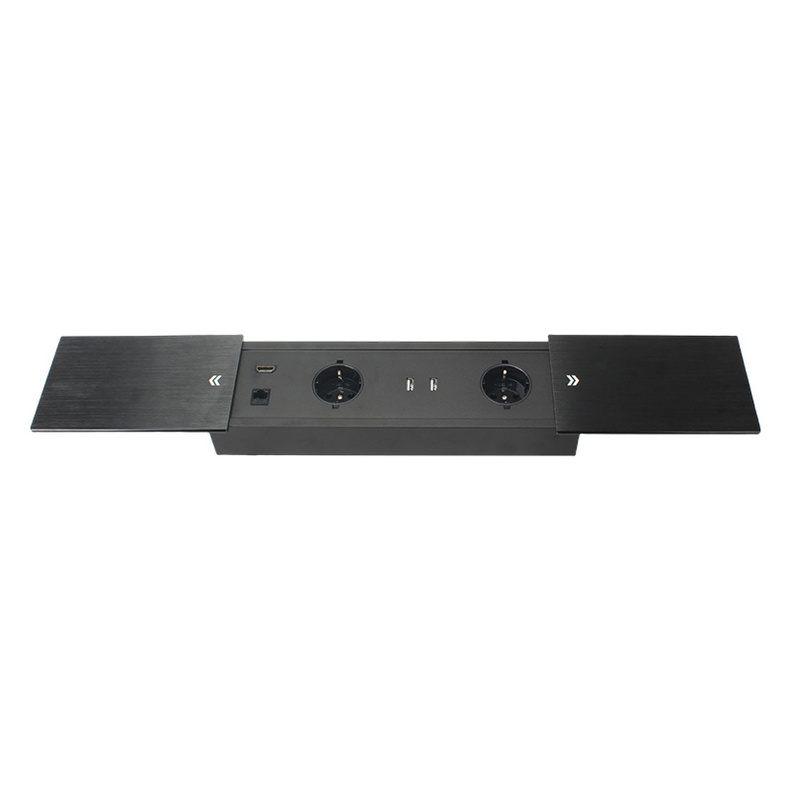 Table alloy brushed black sliding flip up socket electrical sockets European 2 outlets USB A power socket