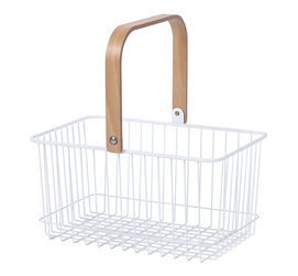 Top Quality White Color Pure Iron Wire Food Vegetables And Fruits Storage Baskets With Wood Handles