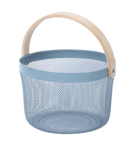 Storage Organizer Basket Bin with Wood Handle Open Design Household Items Storaging Round Mesh Basket