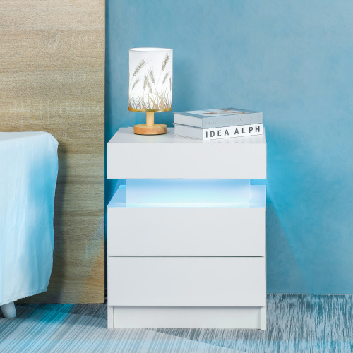 Modern White Nightstand with Led Lights Wood Led Bedside Table Nightstand with 2 High Gloss Drawers for Bedroom