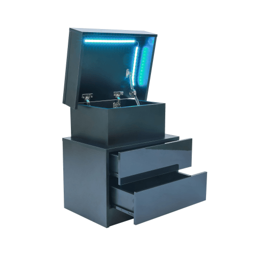 Modern Wood Black Nightstand for Bedroom Furniture with LED Light 2 Drawers Flipping Top Storage Bedside Table
