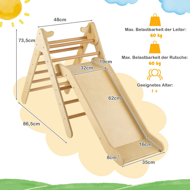 2-in-1 Climbing Triangle with Slide, Indoor Climbing Frame, Wooden Triangle,  Climbing Toy, Pikler Triangle Made of Wood for Children from 1 Year (Natural)