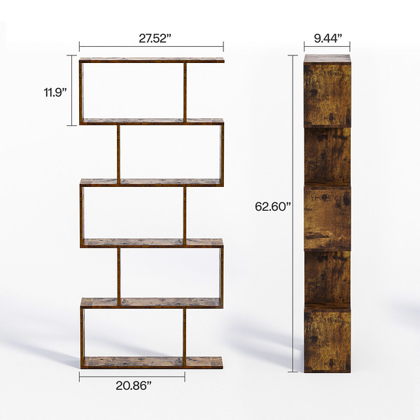 5-Tier Geometric Bookcase, Black Wooden Modern Bookshelf with Large Capacity, Freestanding Decorative Tall Bookcase Shelving for Bedroom Living Room, S Shaped Bookshelf with Particleboard