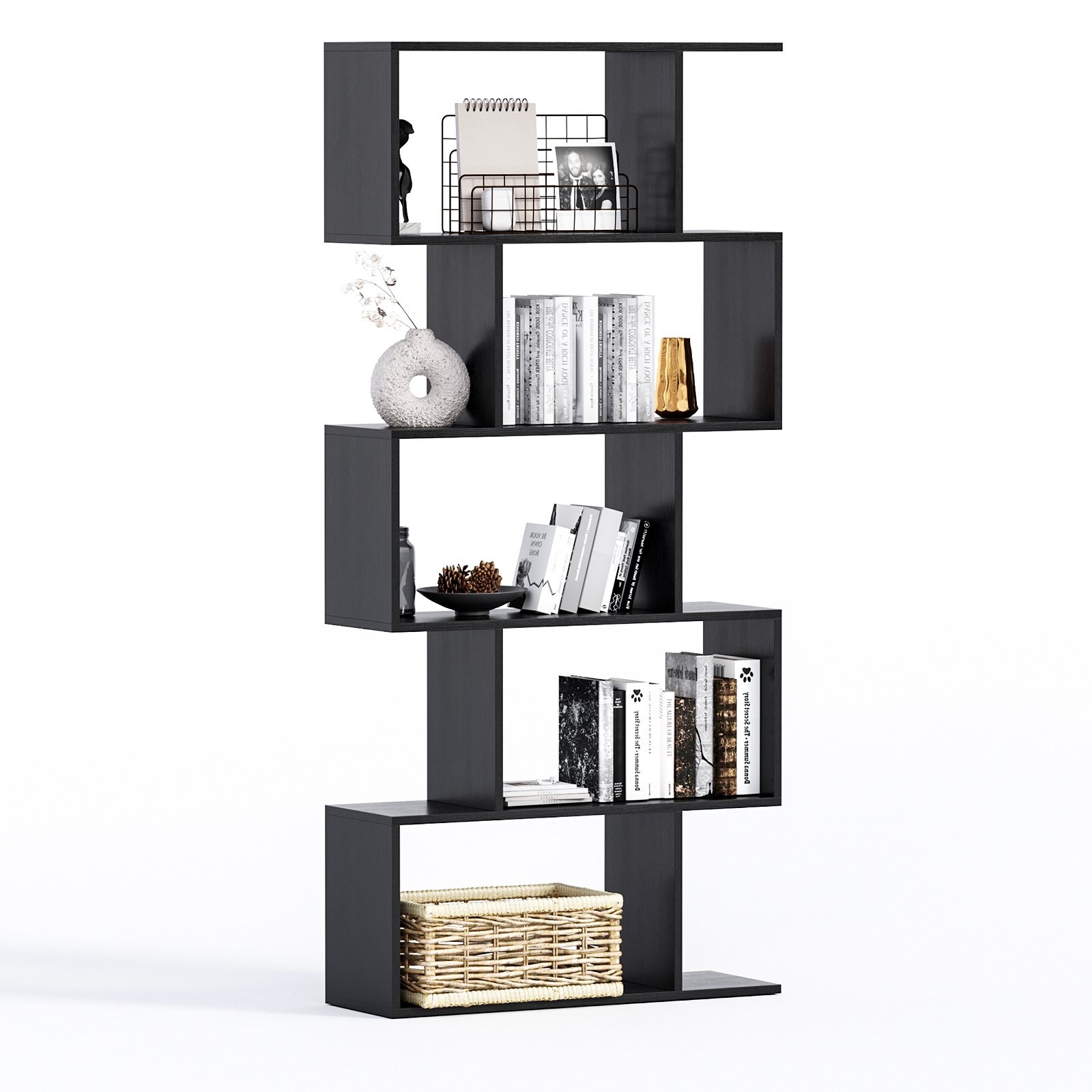 5-Tier Geometric Bookcase, Black Wooden Modern Bookshelf with Large Capacity, Freestanding Decorative Tall Bookcase Shelving for Bedroom Living Room, S Shaped Bookshelf with Particleboard