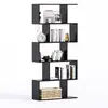 5-Tier Geometric Bookcase, Black Wooden Modern Bookshelf with Large Capacity, Freestanding Decorative Tall Bookcase Shelving for Bedroom Living Room, S Shaped Bookshelf with Particleboard