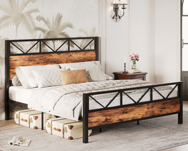 King Bed Frame, Tall Industrial Headboard 51.2", Platform Bed Frame King with Strong Metal Support, Solid and Stable
