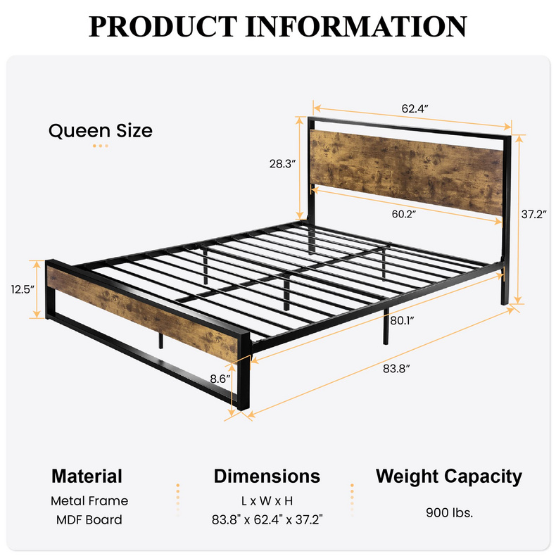 Queen Bed Frame with Wood Headboard and Footboard, Heavy Duty Metal Platform Bed Frame