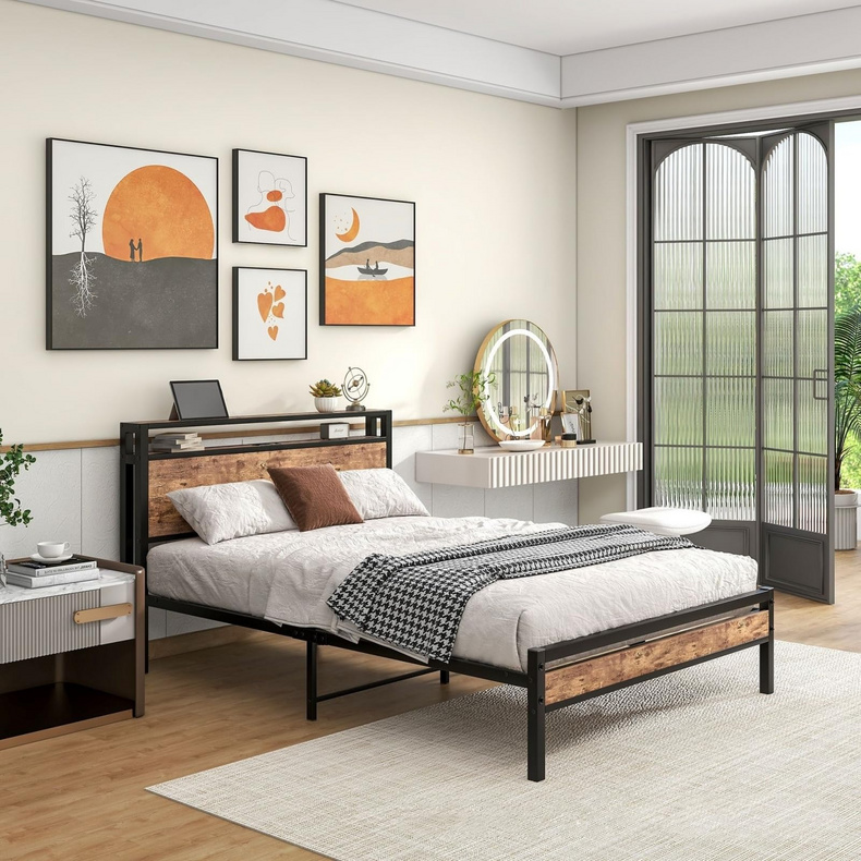 Twin Size Bed Frame with Wooden Headboard and Footboard, Strong Metal Slats Support for Mattress Foundation