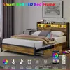 Queen Bed frame with 2 -Tier Storage Headboard and 4 Drawers, LED Bed Frame with Charging Station, Platform Bed Frame Queen Size with LED Light,