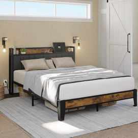 Queen Bed Frame, Storage Headboard with Charging Station, Solid and Stable