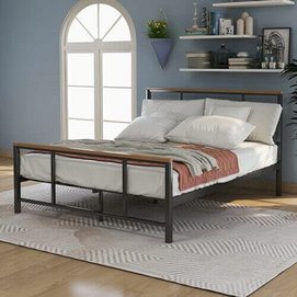 Metal Bed with Wood Decoration Twin Size Bed Frame Easy Assemble Dorm
