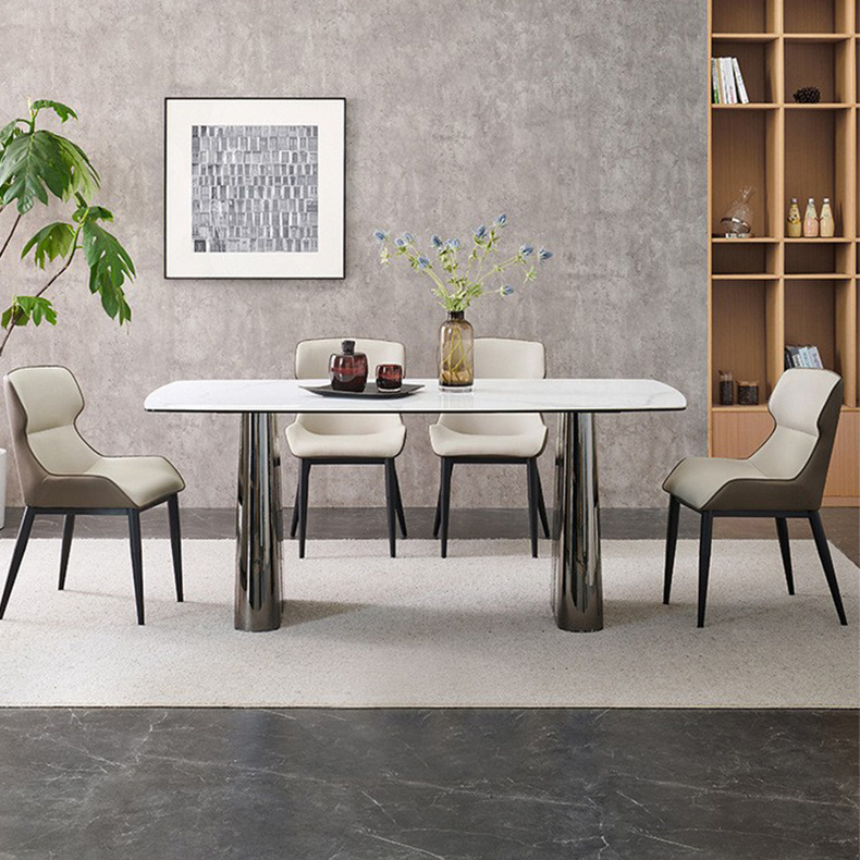 Modern home dinner table rock plate stainless steel base rectangular dining table set