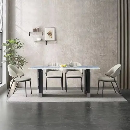 Simple rectangular stainless steel rock plate dining table and chairs set for light luxury living room use