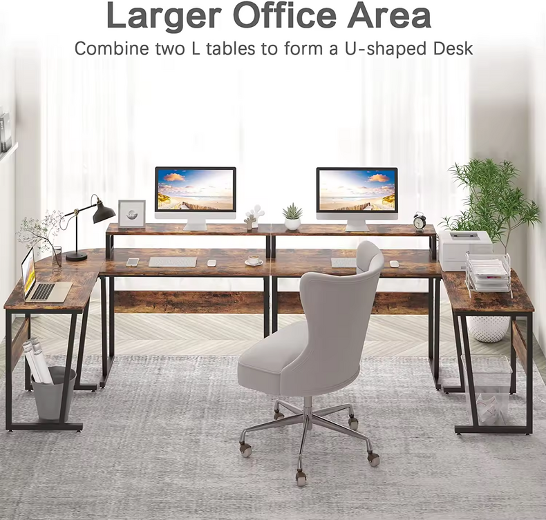 Wholesale Furniture L Shaped Computer desk Metal Frame Wood Writing Table Home Large Corner Studio Office Desk With Bookshelf