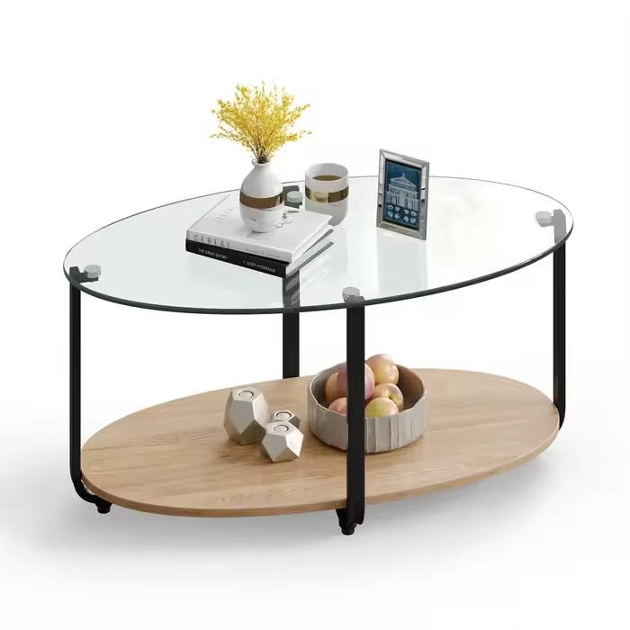 Hanshaw 2 Layers Storage Stainless Steel Legs Coffee Tables OF Living Room Glass Coffee Table Furniture