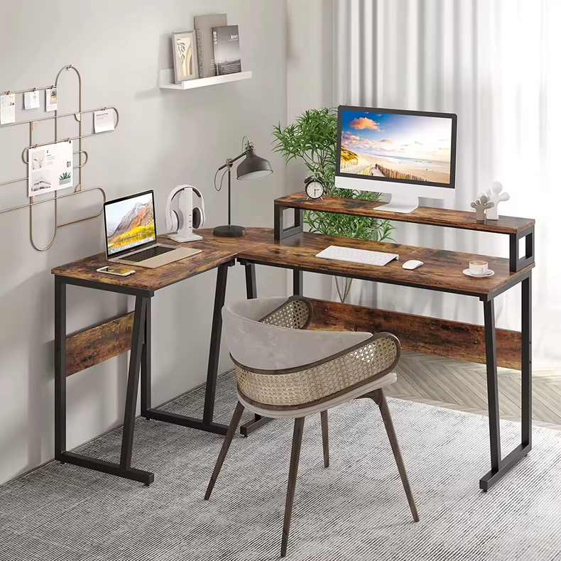 Wholesale Furniture L Shaped Computer desk Metal Frame Wood Writing Table Home Large Corner Studio Office Desk With Bookshelf