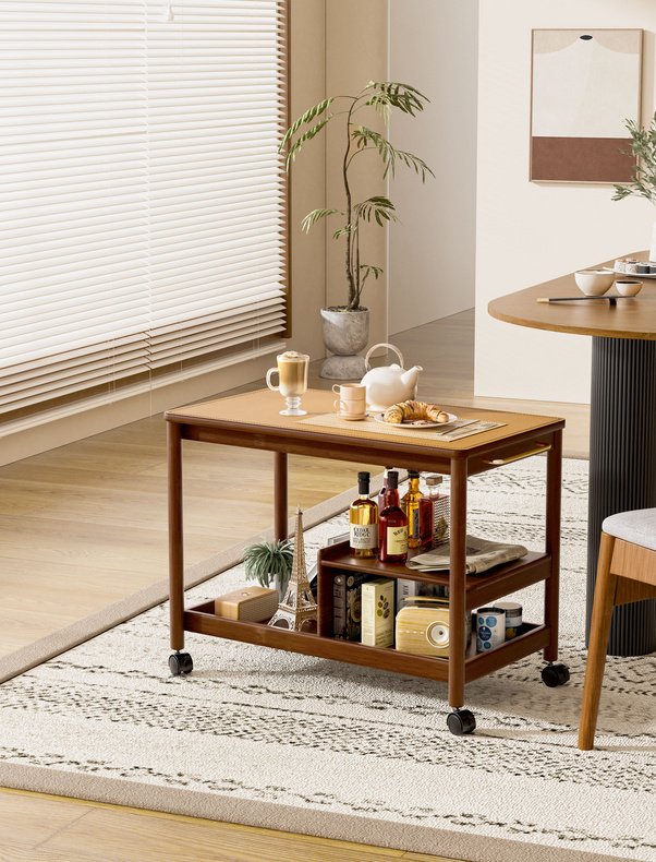 Modern 3-Tiered Bar Cart with Casters & Drawer in Bamboo