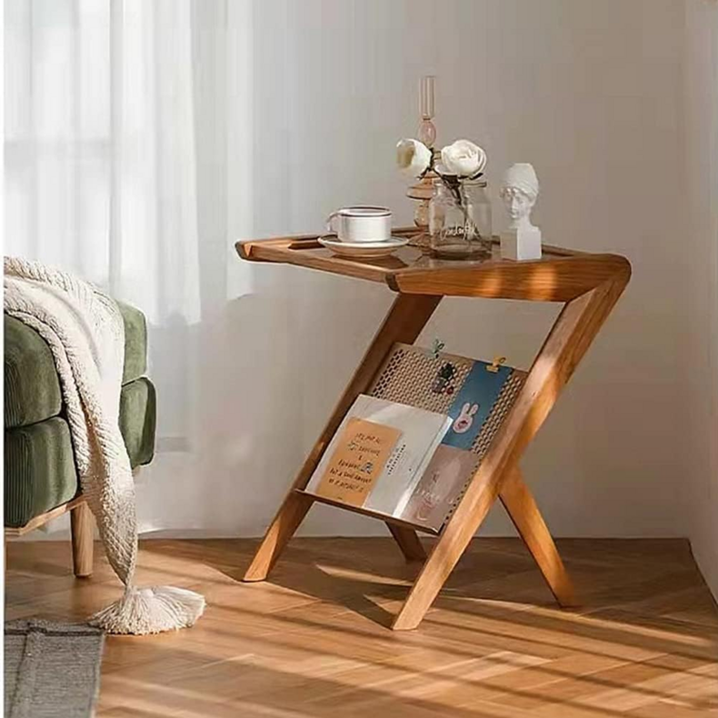 Wide Contemporary Corner Table Wood Storage Accent Side Table