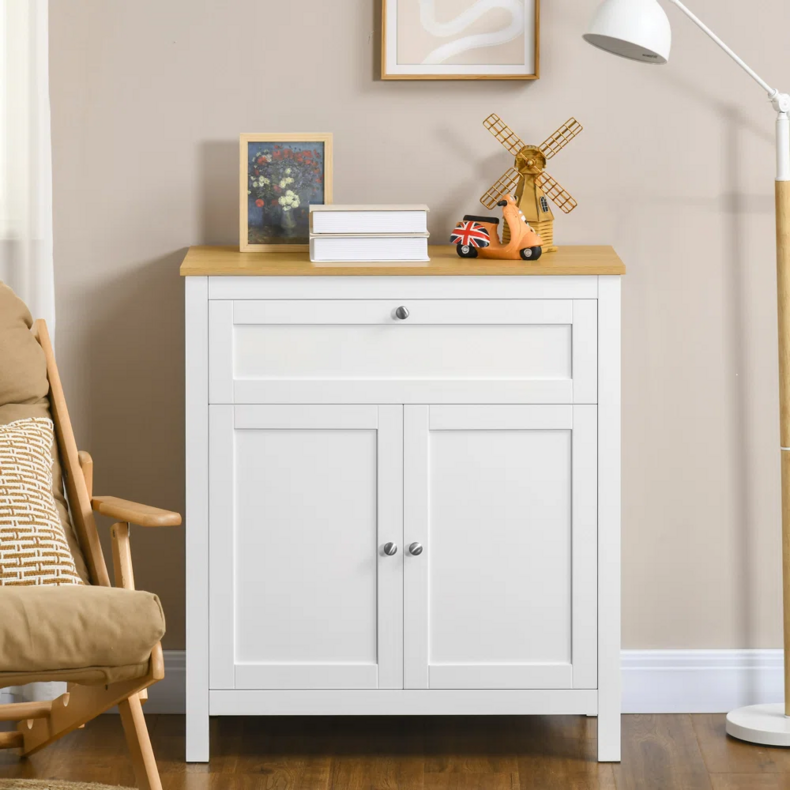 Kitchen Sideboard with Drawer and Glass Door, Modern Buffet Cabinet for Dining Room, White