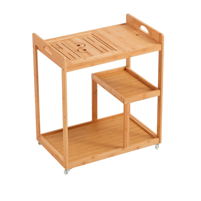 Modern 3-Tiered Bar Cart with Casters & Drawer in Bamboo