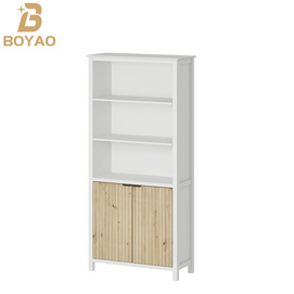 Tall Narrow White Oak Bookshelf with Doors for Office