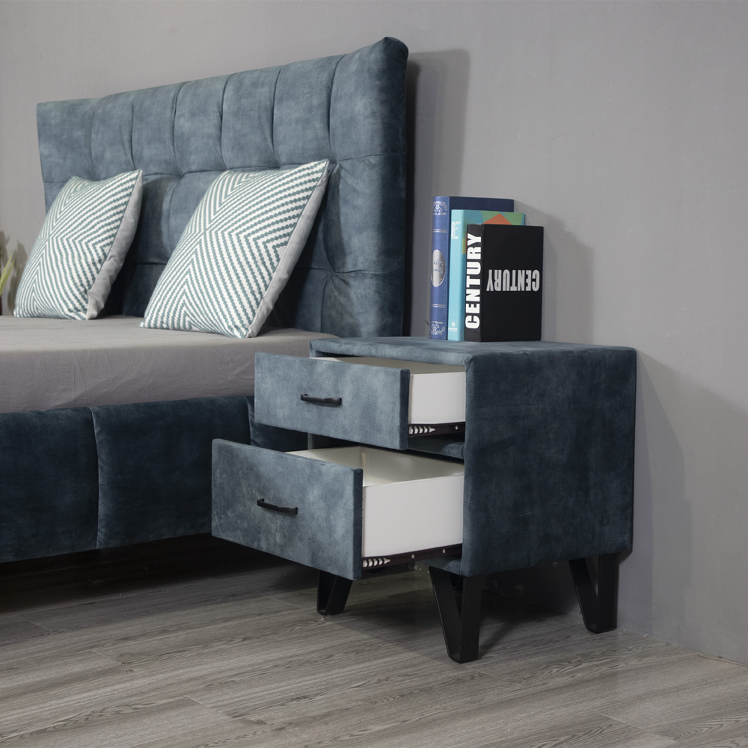 Huayang China Wholesale Modern Design Bedroom Set Fabric Blue Queen Size Bed