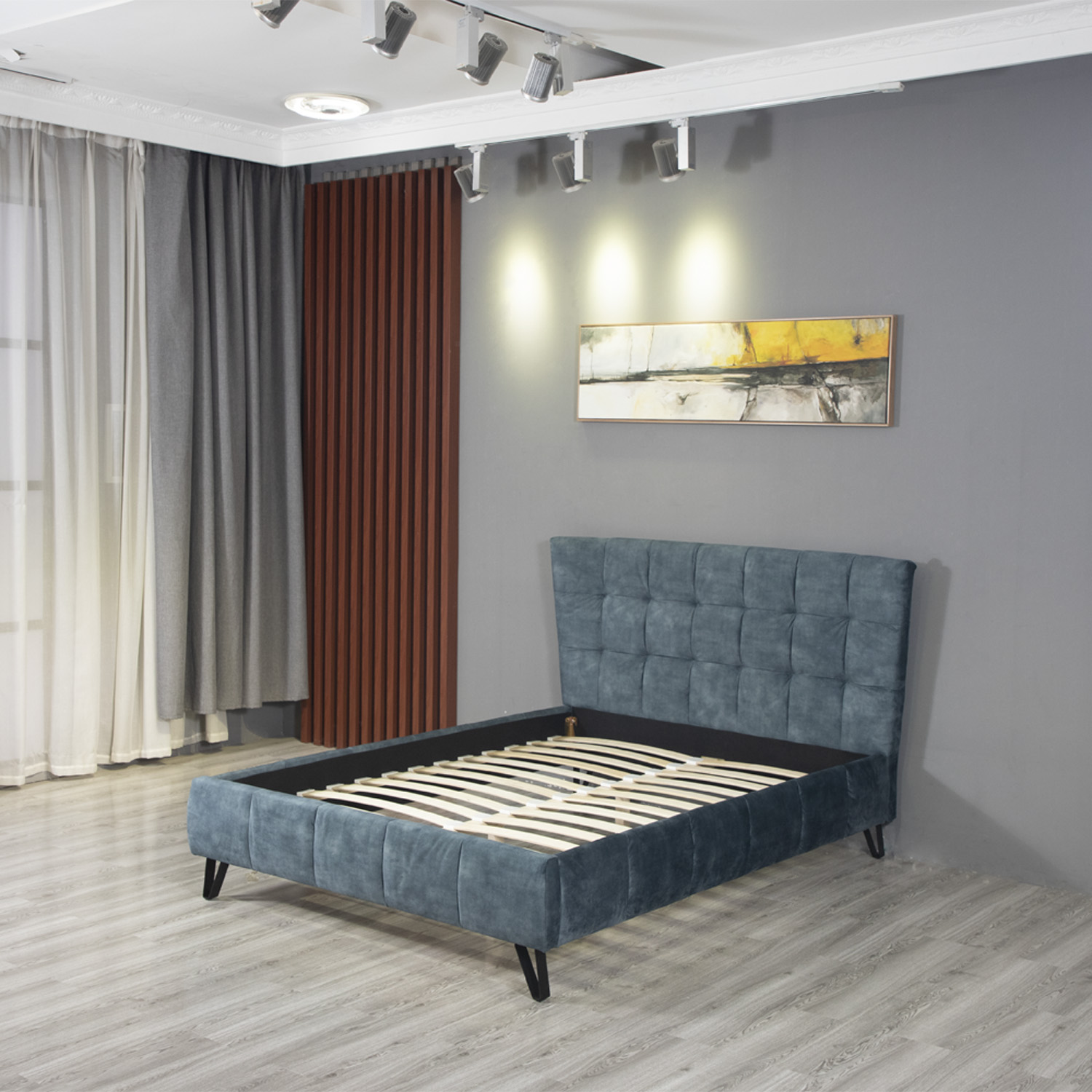 Huayang China Wholesale Modern Design Bedroom Set Fabric Blue Queen Size Bed