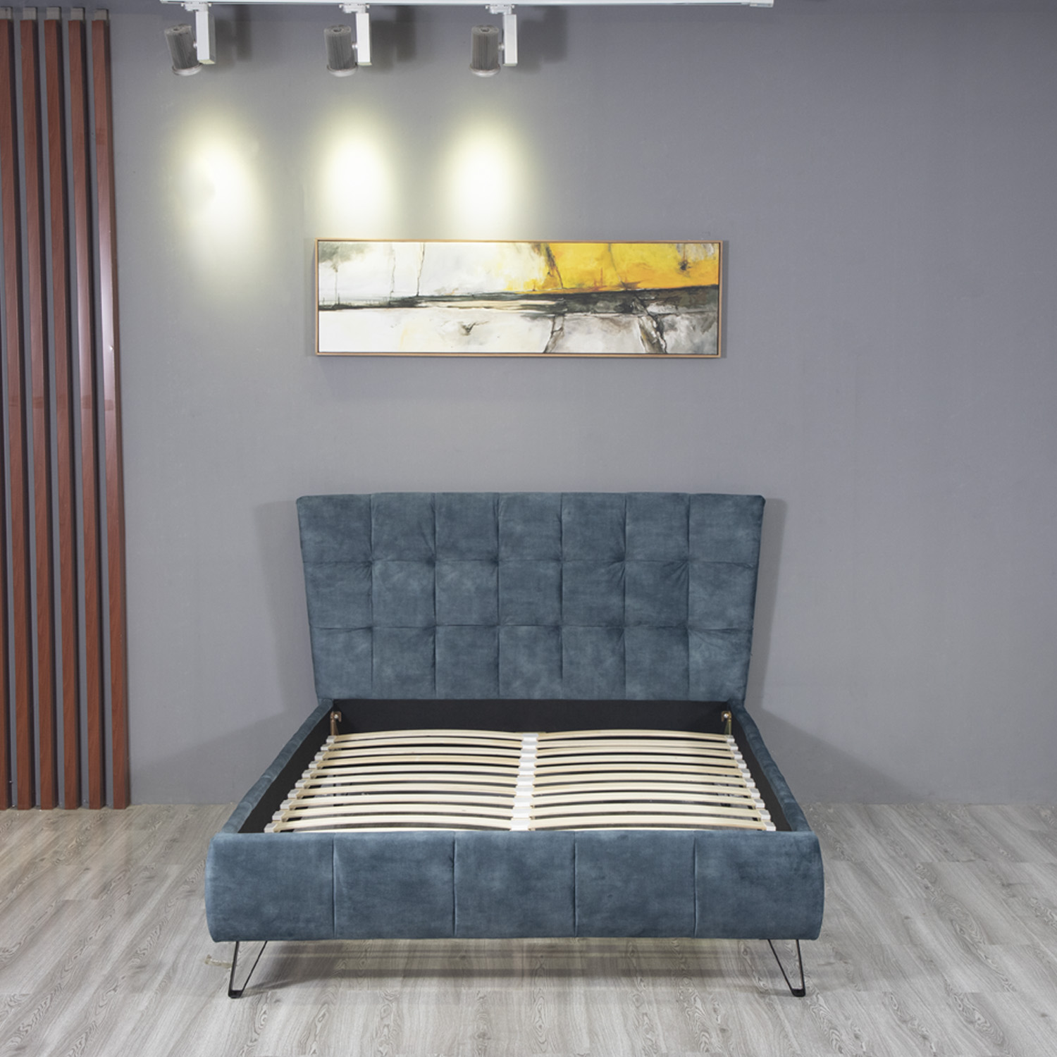 Huayang China Wholesale Modern Design Bedroom Set Fabric Blue Queen Size Bed