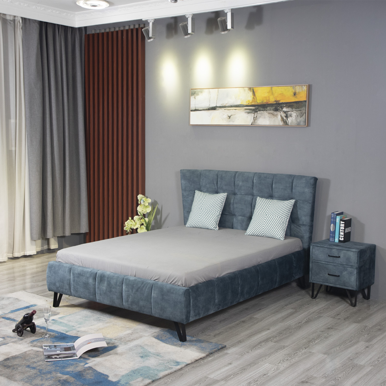 Huayang China Wholesale Modern Design Bedroom Set Fabric Blue Queen Size Bed