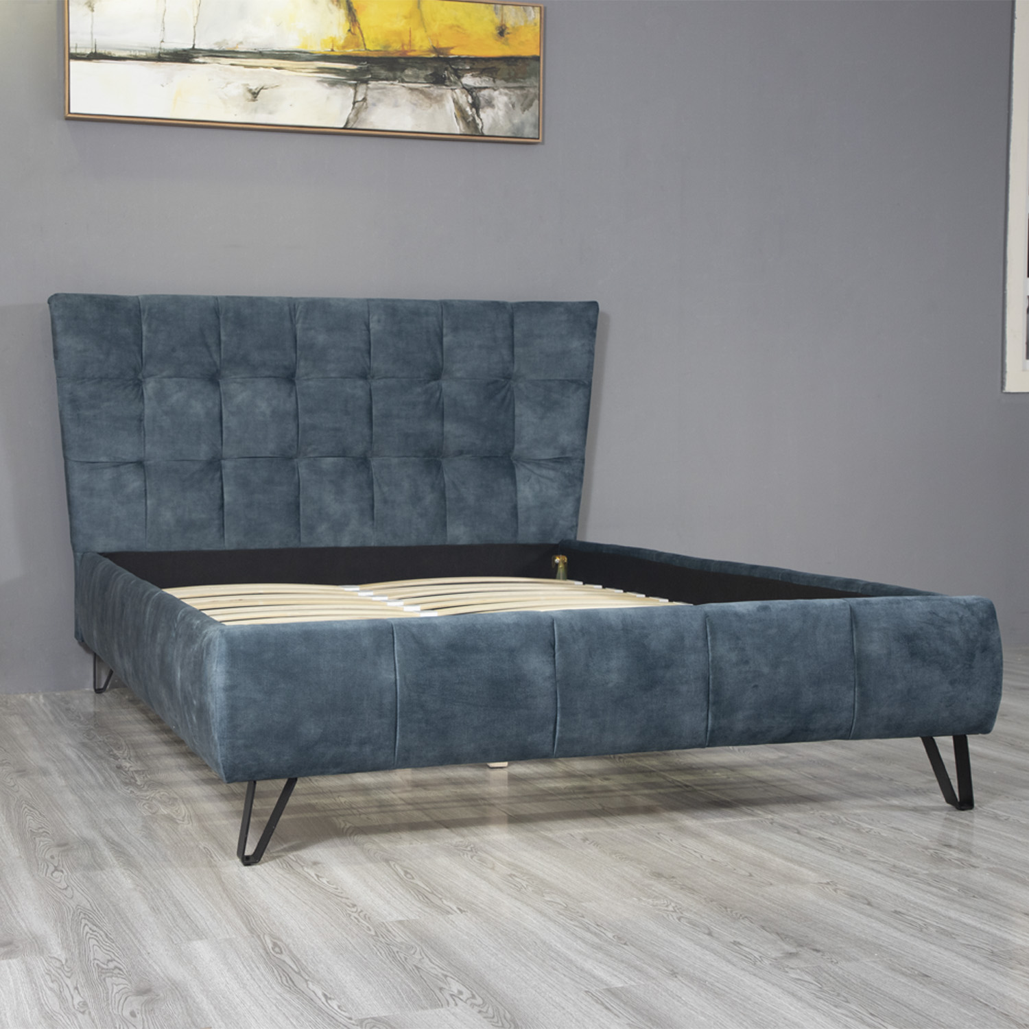 Huayang China Wholesale Modern Design Bedroom Set Fabric Blue Queen Size Bed