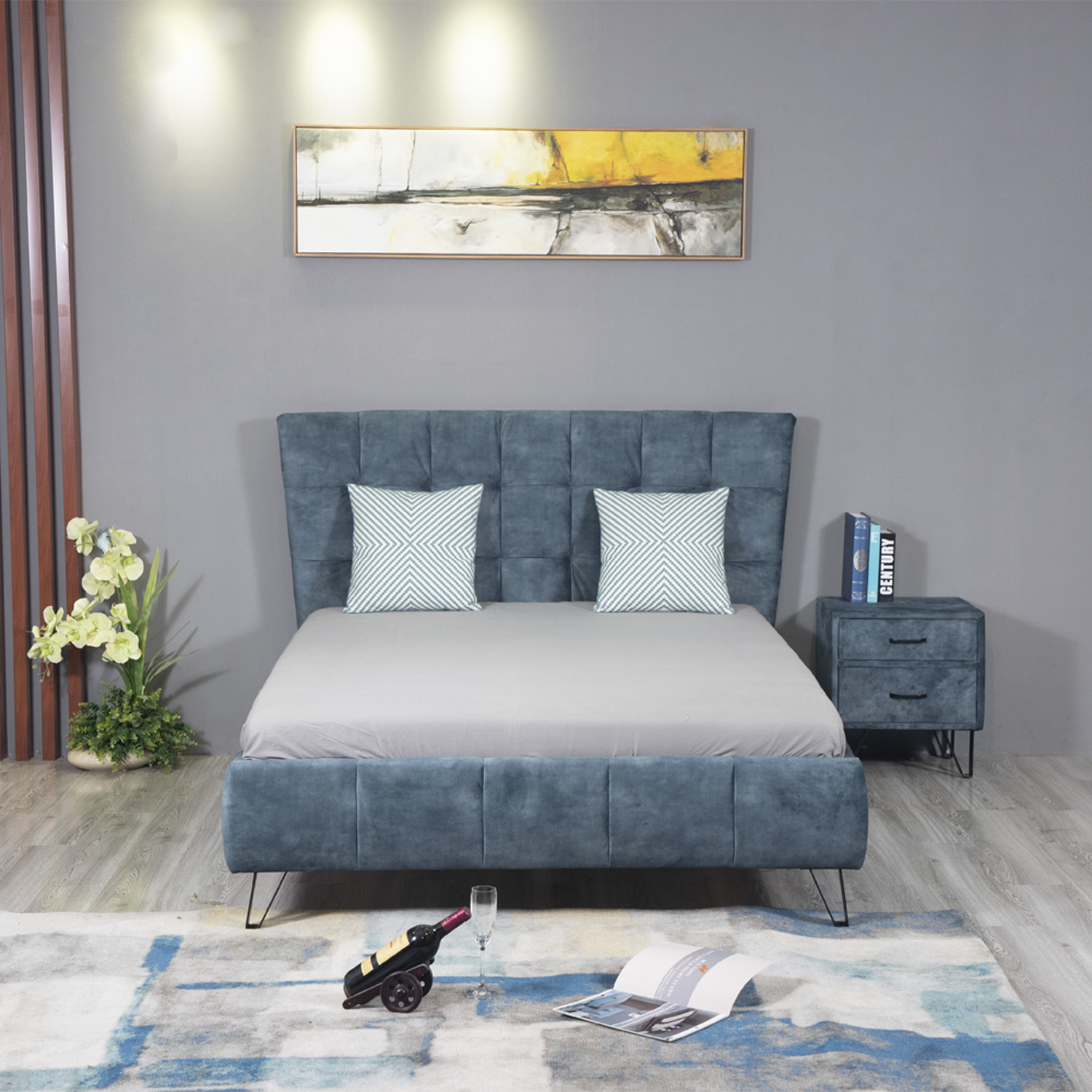 Huayang China Wholesale Modern Design Bedroom Set Fabric Blue Queen Size Bed