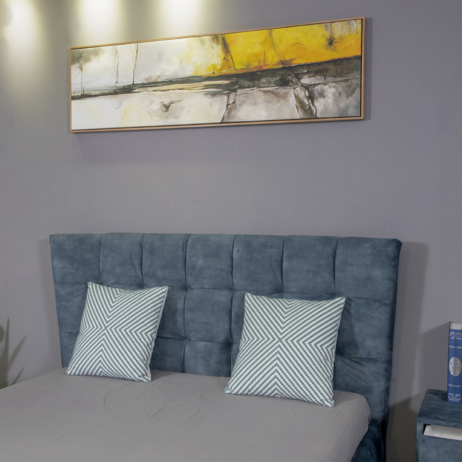 Huayang China Wholesale Modern Design Bedroom Set Fabric Blue Queen Size Bed