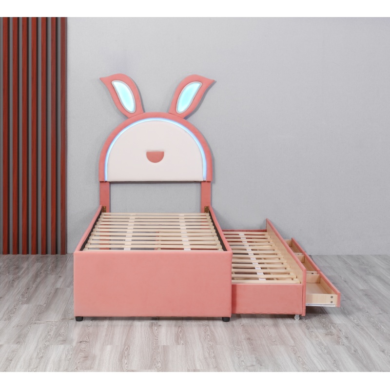 Huayang Wholesale PU Pink Rabbit-shaped Children's Storage Bed with LED lights
