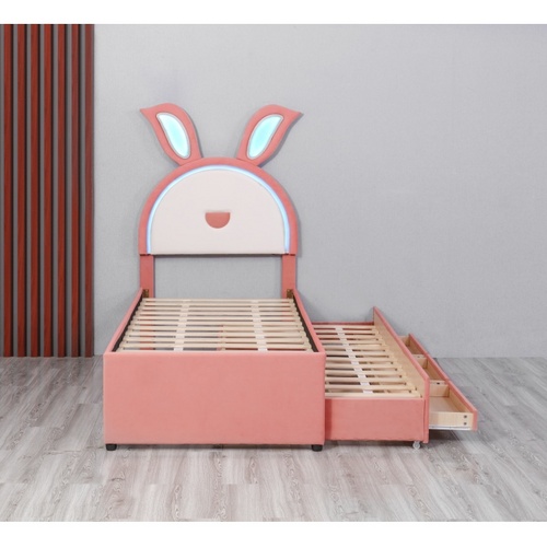 Huayang Wholesale PU Pink Rabbit-shaped Children's Storage Bed with LED lights