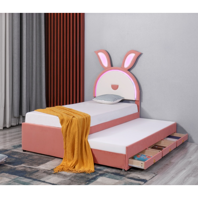 Huayang Wholesale PU Pink Rabbit-shaped Children's Storage Bed with LED lights