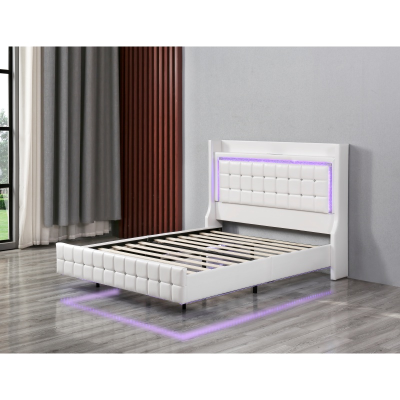 Huayang Customized Upholstered OEM PU Flat Bed Frame with LED and Electrical Outlet