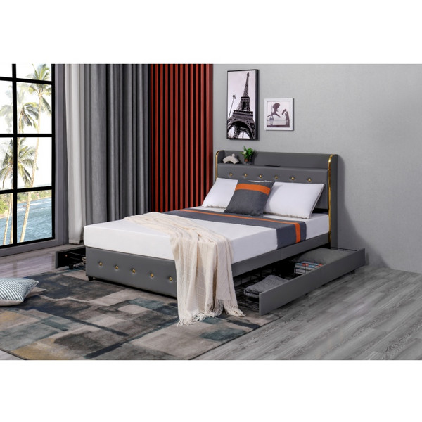 OEM Bedroom Furniture Huayang Customized Frame Queen Bedroom King Size Storage Double Bed with Charging Port