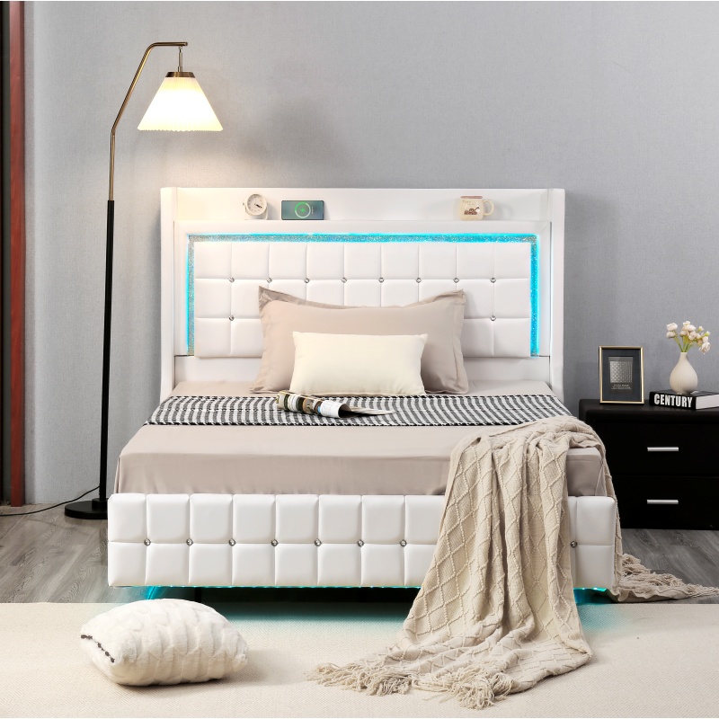 Huayang Customized Upholstered OEM PU Flat Bed Frame with LED and Electrical Outlet